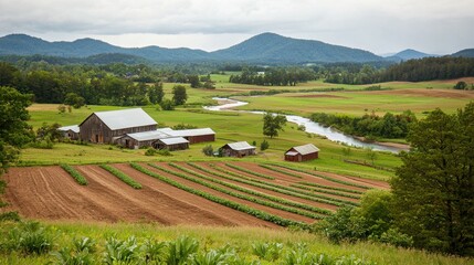 Serene Rural Landscape with Barns and Vibrant Green Fields