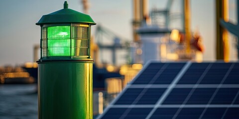 Green light buoy for inland shipping regulation with solar panels in foreground against a blurred maritime background showcasing vibrant sunlight reflections
