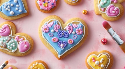 A vibrant cookie-decorating workshop with royal icing, brushes, and edible pearls