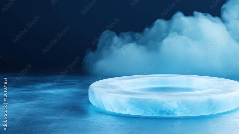 Poster 3d rendering of an ice ring on a dark blue background. the ice ring is circular in shape and appears