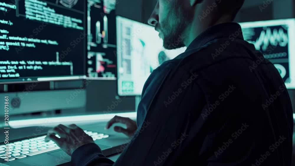 Poster high-tech data analysis in a modern workspace featuring advanced computer interfaces and visualizati