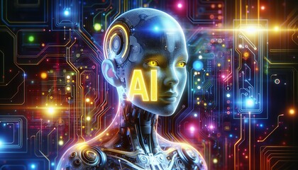 A futuristic AI robot with glowing eyes stands amidst a vibrant digital circuit board background, symbolizing advanced artificial intelligence and technological innovation.
