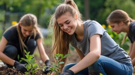 Fototapeta premium Community gardening event teens planting trees local park eco-friendly initiative daytime positive impact