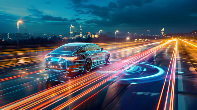 AI-powered self-driving car on a futuristic highway