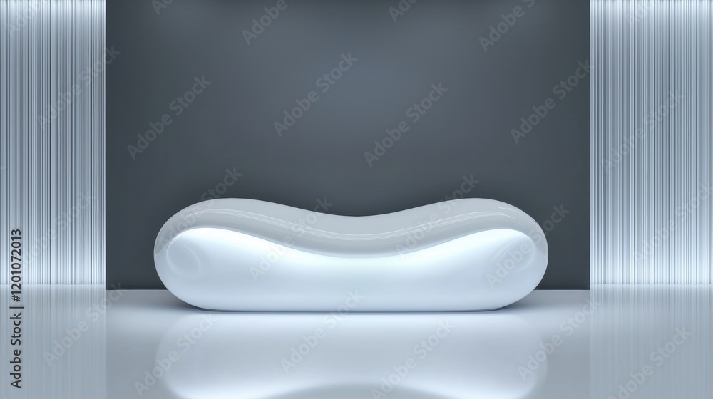 Poster modern, minimalist design of a white, curved object in the center of a room with a gray wall in the 