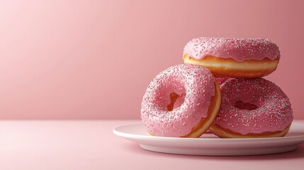 Pink donuts stacked on plate, pink background, sweet treat