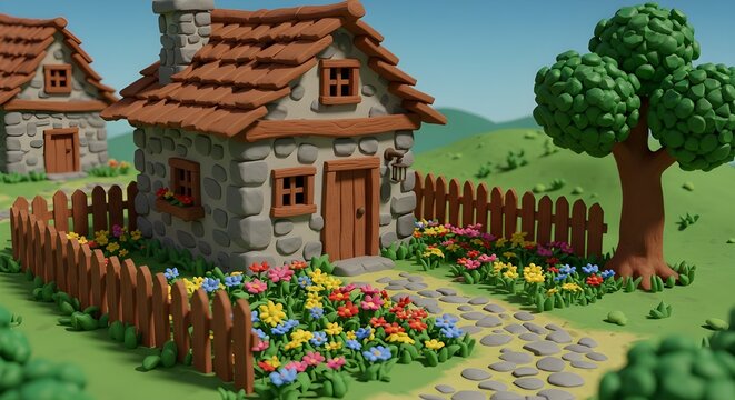 A Claymation background of a village house and a flower yard.	