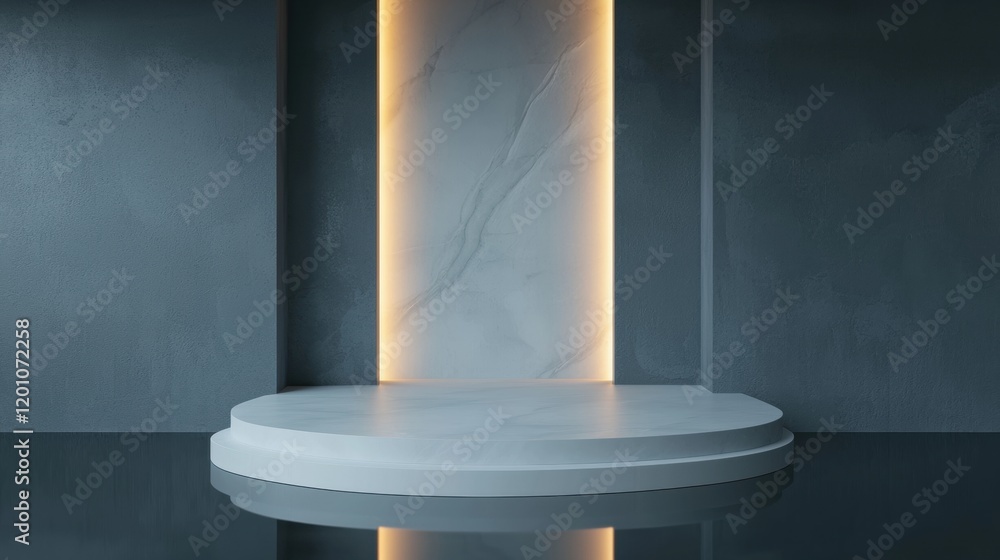 Poster modern and minimalist interior design with a round white platform in the center. the platform is pla
