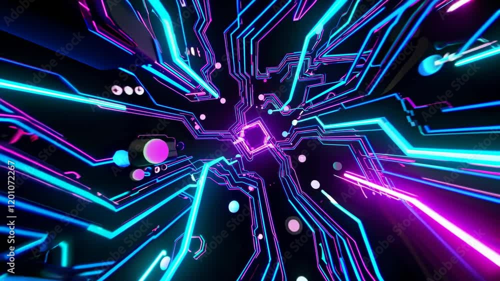 Poster exploring futuristic digital landscapes with vibrant neon colors and dynamic movement