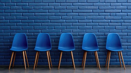 Fototapeta premium Seating arrangement of stylish blue chairs against a textured blue wall interior design contemporary minimalist view