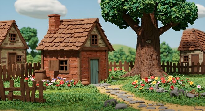 A Claymation background of a village house and a flower yard.	