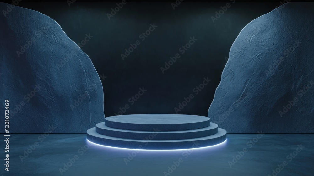 Poster stage with a circular platform in the center. the platform is lit up with a blue light, creating a c