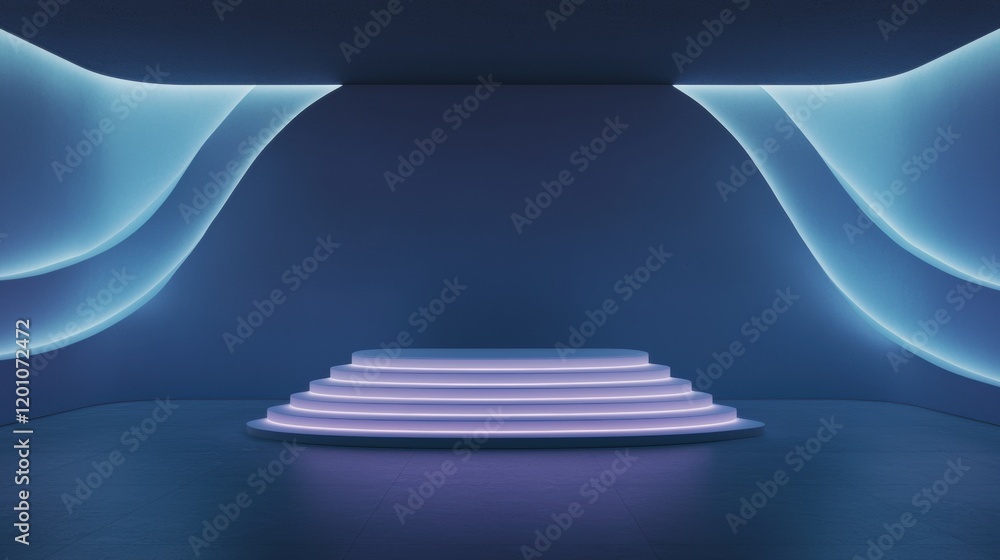 Poster empty room with a stage in the center. the stage is made up of three steps that are lit up with blue