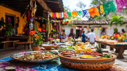 A vibrant cultural festival with traditional dishes, colorful flags, and music