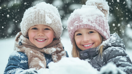 Close-up of happy kids wearing coat and beanie playing snow outside.