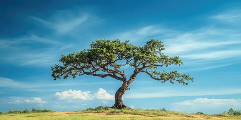 Lone green tree with sprawling branches on a grassy hill under a bright blue sky with white clouds in the background creating a serene landscape.