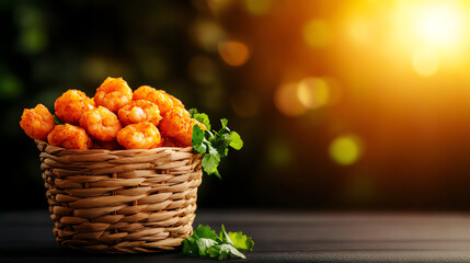 Naklejka premium Brazilian Acaraje fried bean fritters, filled with shrimp and styled in a colorful Bahian setting, [South American street food, bold textures]
