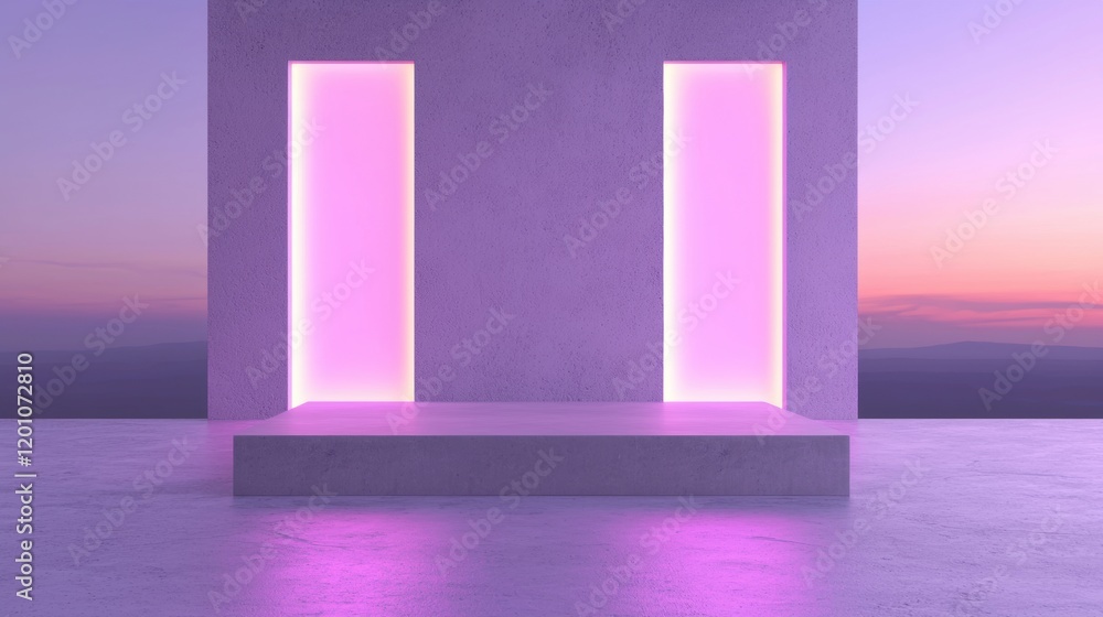 Poster 3d rendering of a stage with two tall pillars on either side. the pillars are made of concrete and a