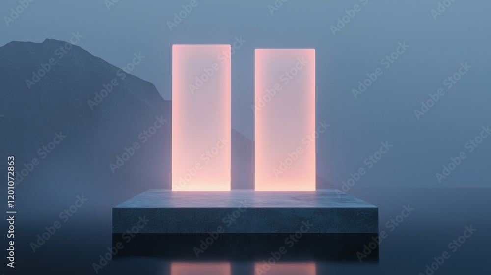 Aufkleber two tall, rectangular pillars standing on a concrete platform in the middle of a body of water. the 