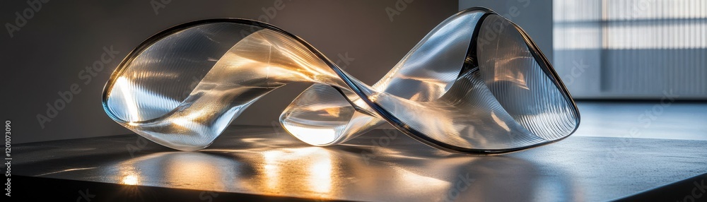 Poster a sleek, modern glass sculpture elegantly twists and reflects light, creating a dynamic interplay of
