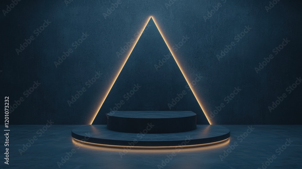 Poster dark blue background with a circular platform in the center. the platform is made of a dark material