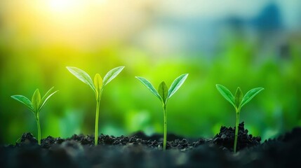 Fresh green seedlings growing in rich soil under sunlight.