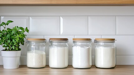 A clean kitchen shelf displays glass jars filled with various white powders and a small potted plant, adding a touch of greenery to the space.