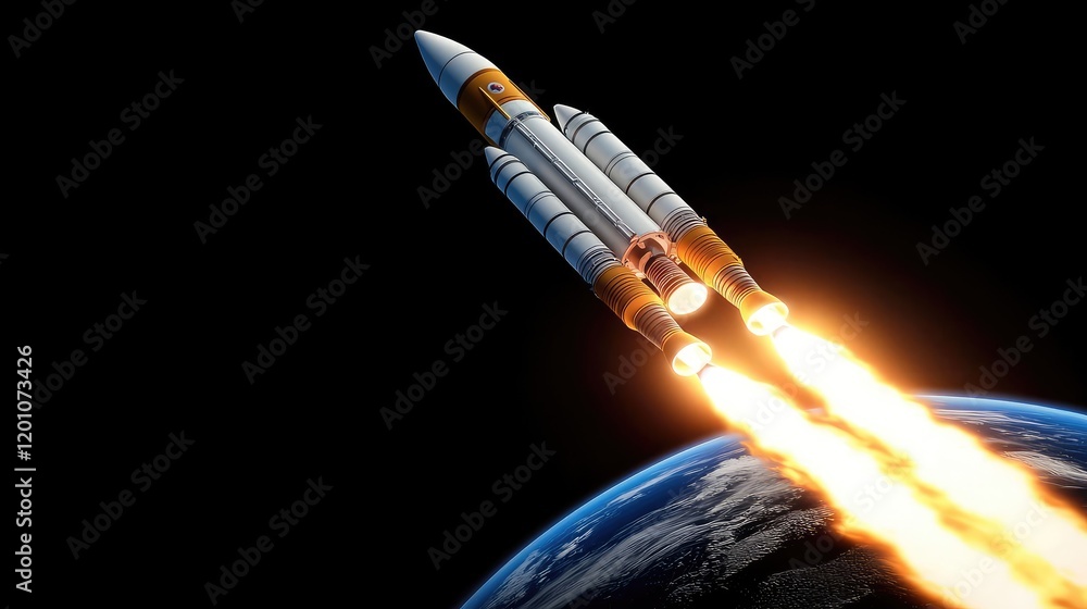 Poster rocket launch into space earth orbit digital artwork cosmic environment dynamic viewpoint exploratio