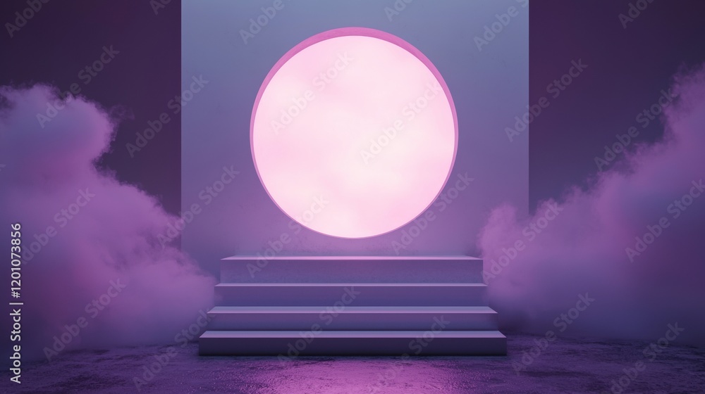 Aufkleber stage with a large circular light in the center. the light is a gradient of pink and purple, creatin