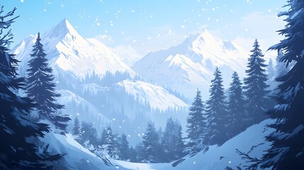 Fototapeta premium Snow Falling on Majestic Winter Mountains and Pine Trees