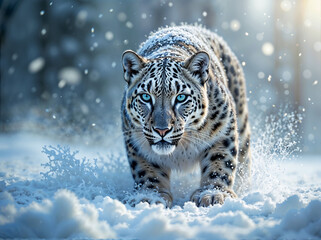 A stunning close-up of a snow leopard powerfully moving through a snowy landscape. The leopard’s piercing blue eyes and unique spotted coat are highlighted against the soft