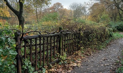 Path with wooden fence, autumn trees, wet foliage.