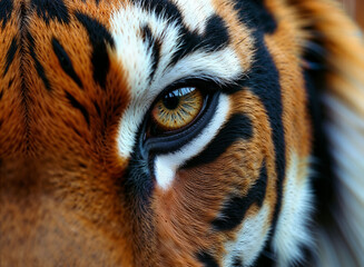 A stunning close-up of a tiger's eye, showcasing its vibrant colors and intricate patterns. This image captures the fierce beauty and intensity of one of nature's most majestic creatures.