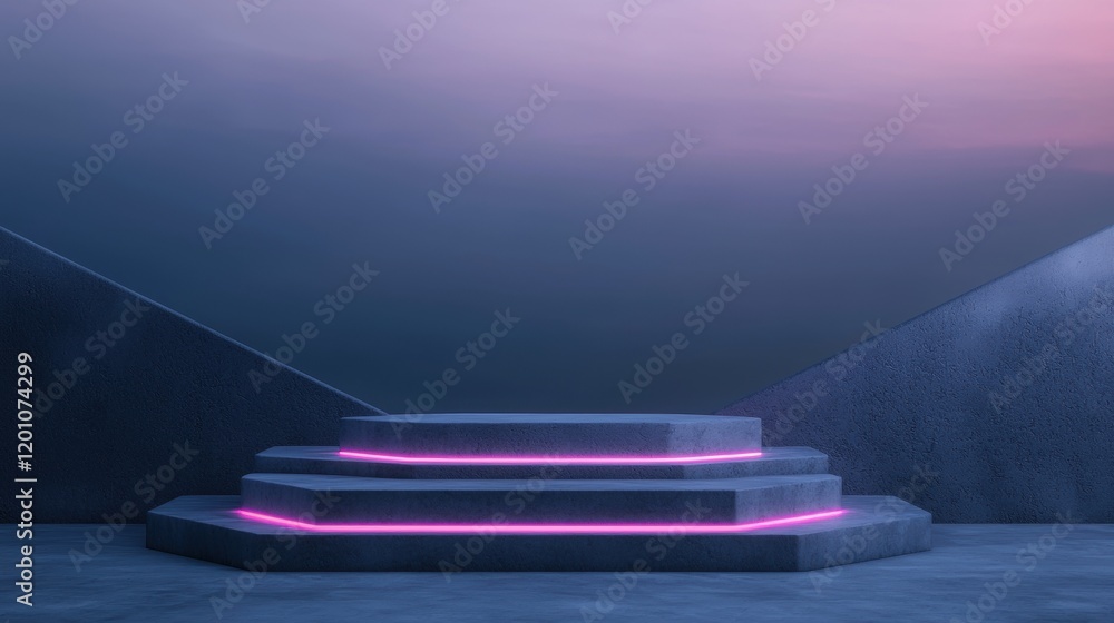 Aufkleber set of three concrete steps leading up to the top of a pyramid-shaped structure. the stairs are lit 