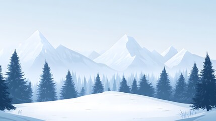 Obraz premium Serene Winter Landscape Featuring Snowy Mountains and Pine Trees