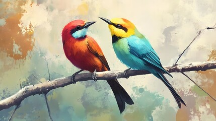 Obraz premium Colorful birds perched on branch, abstract background, nature artwork, decor