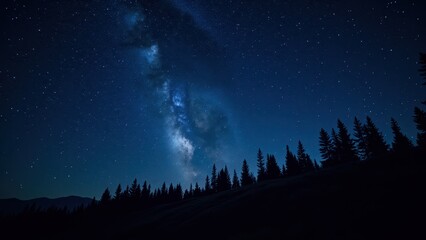 Glimpse into a serene night, where the Milky Way arcs majestically through a deep azure sky, sprinkled with countless twinkling stars against the canvas of darkness