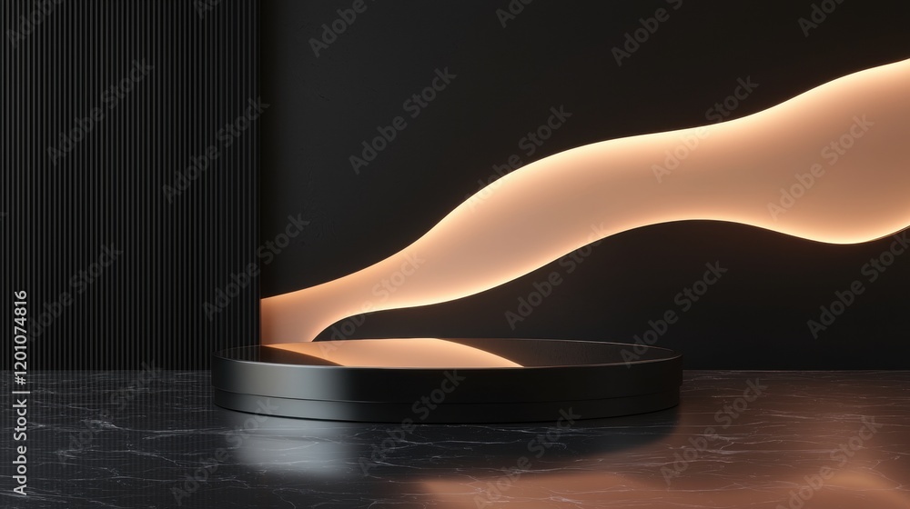 Poster 3d rendering of a modern lamp on a black marble surface. the lamp is in the shape of a wave, with a 