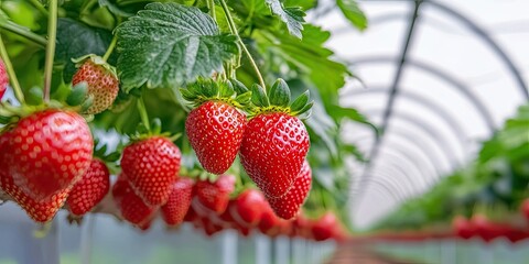Bright red strawberries hanging from lush green leaves inside a vinyl greenhouse with curved transparent roof highlighting a vibrant cultivation environment