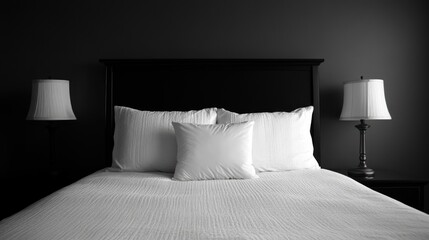Serene Bedroom Interior White Bedding Dark Headboard Table Lamps
