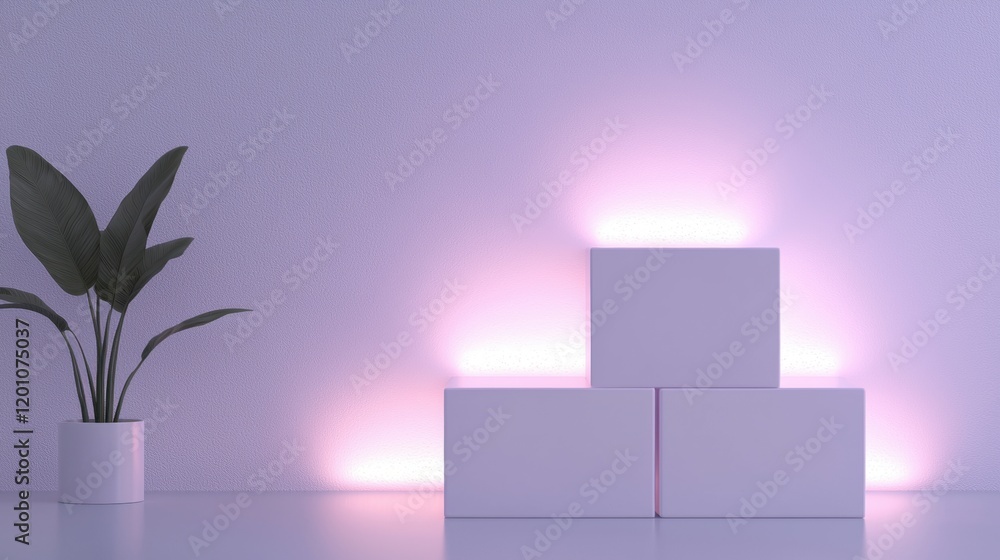 Aufkleber white cube-shaped object on a white surface with a plant on the left side. the cube is placed agains