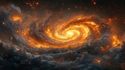 A swirling vortex of fiery clouds and cosmic dust creates a breathtaking nebula. Ideal for space-themed designs, backgrounds, or abstract art.