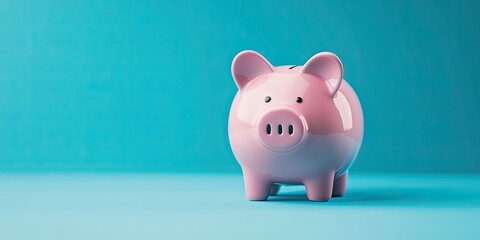 Pink piggy bank positioned centrally on a light blue background, ample negative space around it, ideal for banners and advertisements.