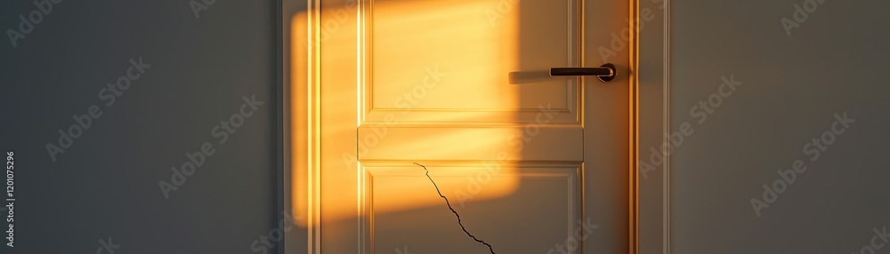 Poster a softly lit door with warm sunlight casting a shadow, creating a serene and inviting atmosphere in 
