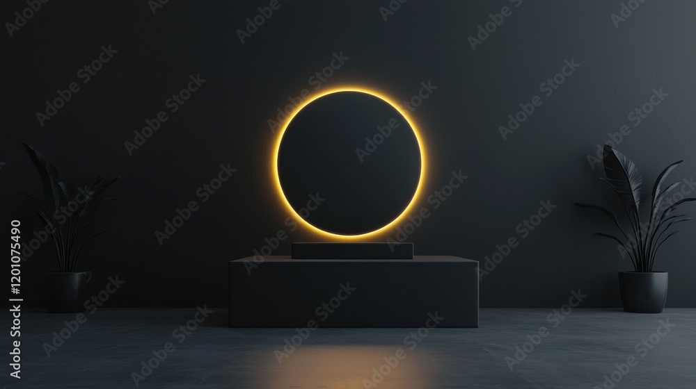 Poster modern and minimalist interior design with a dark grey wall and floor. in the center of the image, t