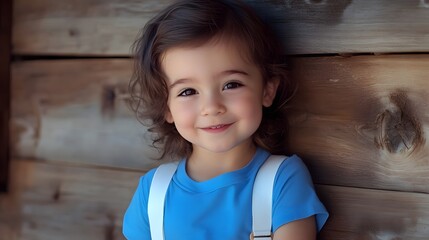 Happy toddler smiling, wood backdrop, portrait, outdoor