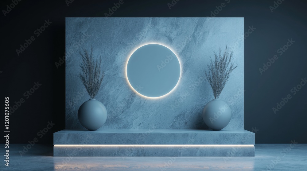 Poster modern and minimalist interior design with a dark blue color scheme. in the center of the image, the