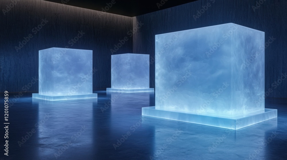 Poster three large ice cubes arranged in a row on a dark room with a concrete floor. the ice cubes are illu
