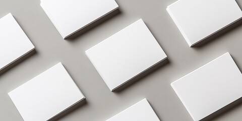 Empty white business cards arranged in a grid on a soft gray paper surface creating a clean and minimalistic design template for identification purposes