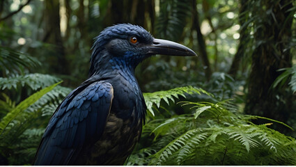 Realistic beautiful bird with a large curved beak and dark blue feathers standing in a lush green forest Ai Generated,3